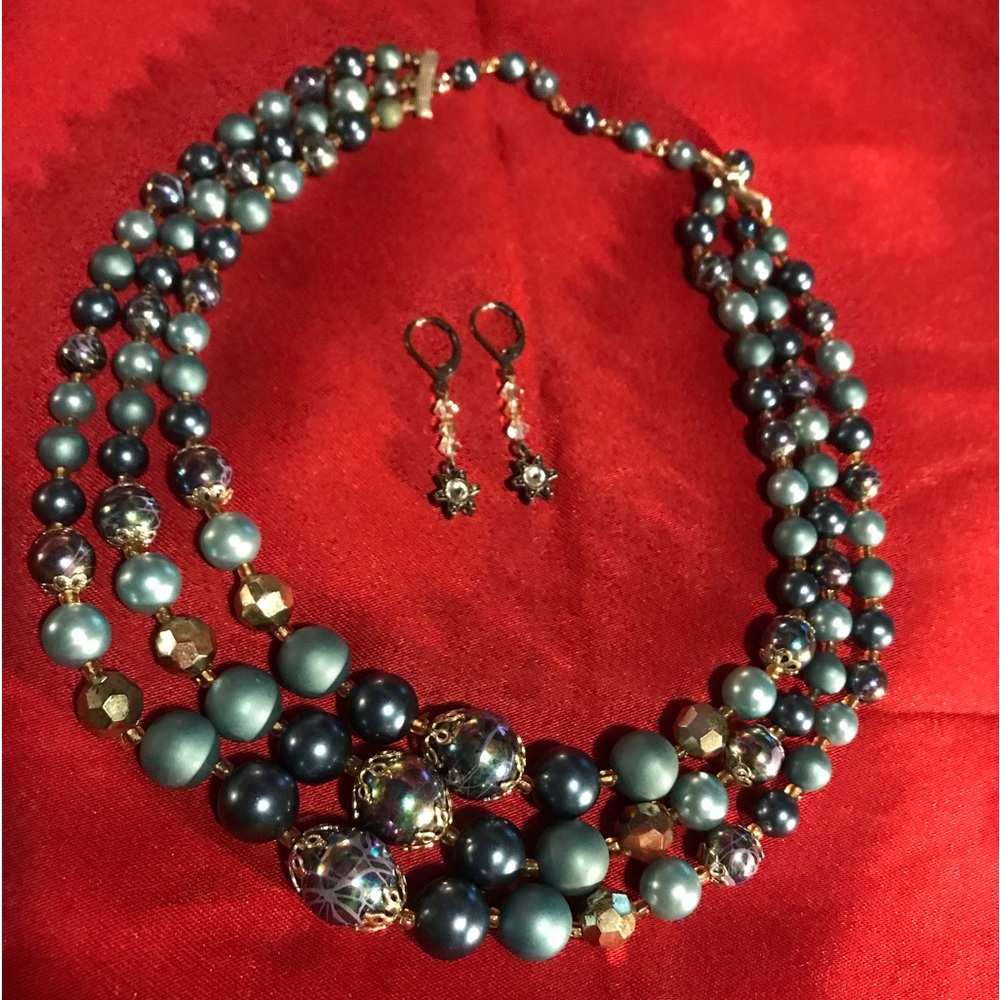 Blue/gray/ gold multi beaded necklace and earring set.